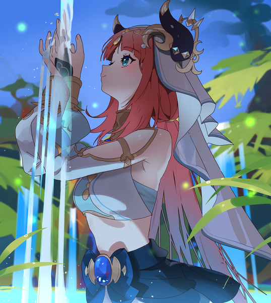 Anime picture 2000x2231 with genshin impact nilou (genshin impact) shedar single long hair tall image blush fringe highres twintails red hair blunt bangs long sleeves horn (horns) aqua eyes night arms up midriff night sky low twintails