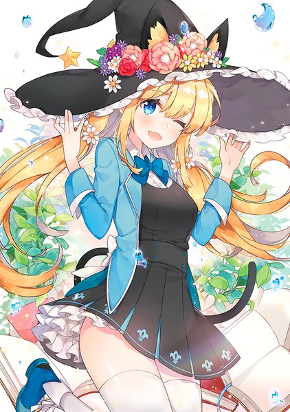 Anime picture 700x996 with original ayami (annahibi) single long hair tall image looking at viewer blush fringe open mouth blue eyes blonde hair smile hair between eyes twintails animal ears tail animal tail one eye closed hair flower wink