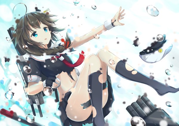 Anime picture 1200x848 with kantai collection shigure destroyer konka single long hair open mouth blue eyes light erotic black hair braid (braids) torn clothes girl gloves navel weapon socks fingerless gloves black socks bubble (bubbles) sailor suit