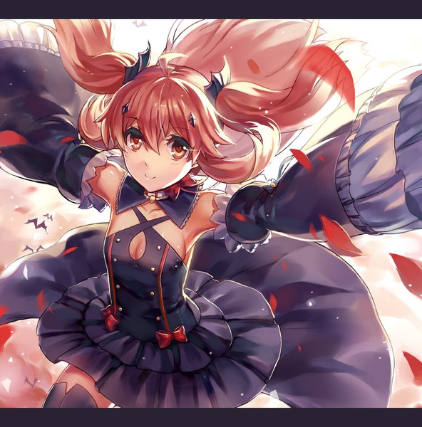 Anime picture 989x1003 with owari no seraph wit studio kururu tepes jiao hua she single long hair tall image looking at viewer fringe smile hair between eyes pink hair cloud (clouds) ahoge long sleeves pink eyes wide sleeves two side up spread arms flying