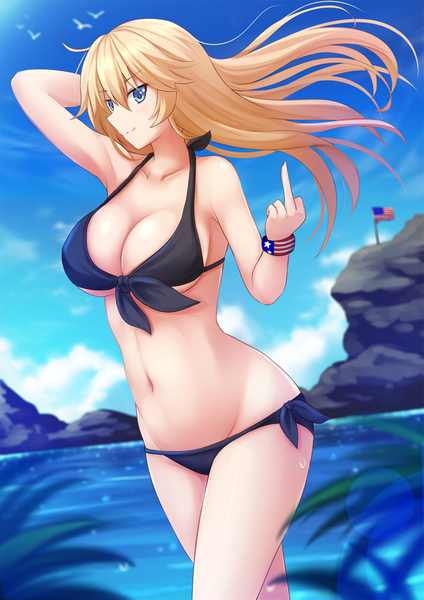 Anime picture 945x1337 with kantai collection iowa (kantai collection) kazenokaze single long hair tall image looking at viewer breasts blue eyes light erotic blonde hair large breasts sky cloud (clouds) groin middle finger girl navel swimsuit bikini