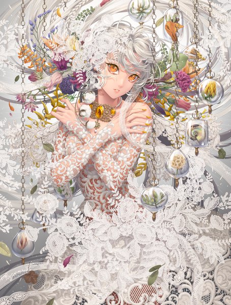Anime picture 3493x4615 with original minami (minami373916) single tall image looking at viewer fringe highres absurdres white hair braid (braids) very long hair nail polish parted lips head tilt hair flower fingernails sparkle orange eyes crossed arms long fingernails