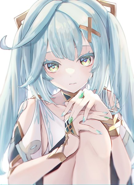 Anime picture 1600x2200 with genshin impact faruzan (genshin impact) ura (hamburg oniku) single long hair tall image looking at viewer simple background white background sitting twintails green eyes blue hair nail polish expressionless hand on knee aqua nail polish girl hair ornament x hair ornament