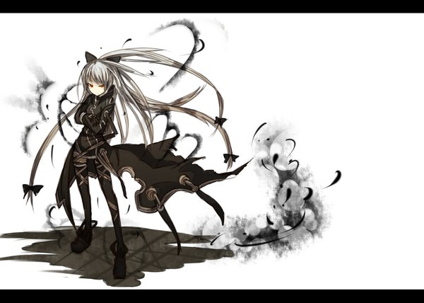 Anime picture 2000x1428 with ganesagi single long hair highres simple background red eyes white background looking away grey hair shadow alternate costume crossed arms girl thighhighs bow black thighhighs hair bow boots