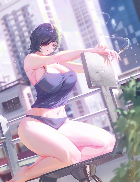 Anime picture 1050x1367 with chainsaw man mappa himeno (chainsaw man) dongfangzhong111 single tall image looking at viewer fringe short hair breasts light erotic large breasts holding green eyes cleavage bent knee (knees) outdoors nail polish barefoot fingernails