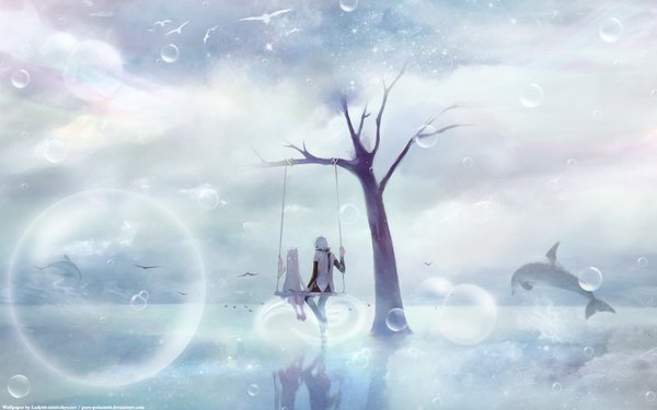 Anime picture 1920x1200 with vocaloid hatsune miku hatsune mikuo chris (pixiv) long hair highres short hair blonde hair wide image sitting from behind couple back girl boy plant (plants) animal tree (trees) water hairband