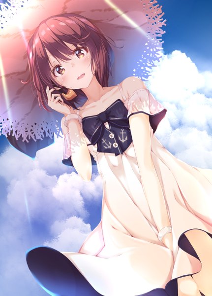 Anime picture 1852x2575 with kantai collection yukikaze destroyer numpopo single tall image looking at viewer blush fringe highres short hair open mouth smile hair between eyes brown hair standing holding brown eyes sky cloud (clouds) outdoors