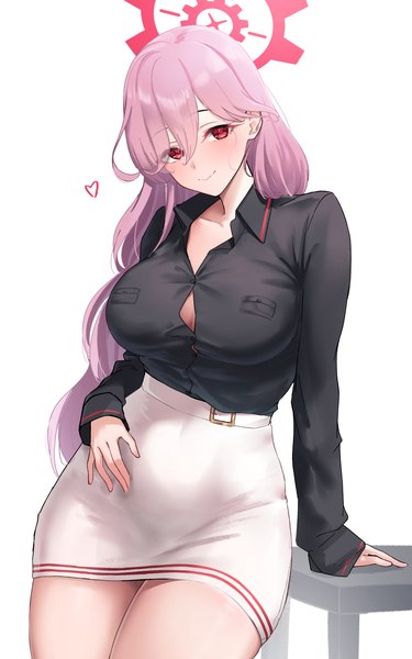 Anime picture 2500x4000 with blue archive tomoe (blue archive) onuj2$ single long hair tall image looking at viewer fringe highres breasts light erotic simple background smile hair between eyes red eyes large breasts white background pink hair arm support open collar
