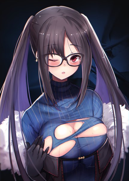 Anime picture 1077x1502 with fate (series) fate/grand order yu mei-ren (fate) untue single long hair tall image looking at viewer blush fringe breasts open mouth light erotic simple background hair between eyes red eyes brown hair large breasts twintails payot