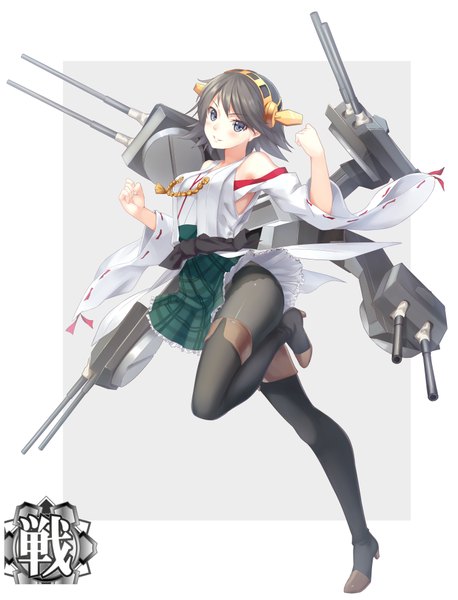 Anime picture 2964x3881 with kantai collection hiei battleship zi se single tall image blush highres short hair blue eyes black hair smile nontraditional miko girl hair ornament weapon detached sleeves pantyhose