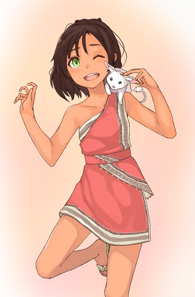 Anime picture 629x956 with original peroncho single tall image looking at viewer blush fringe short hair open mouth simple background smile brown hair standing bare shoulders green eyes bent knee (knees) one eye closed bare legs dark skin standing on one leg