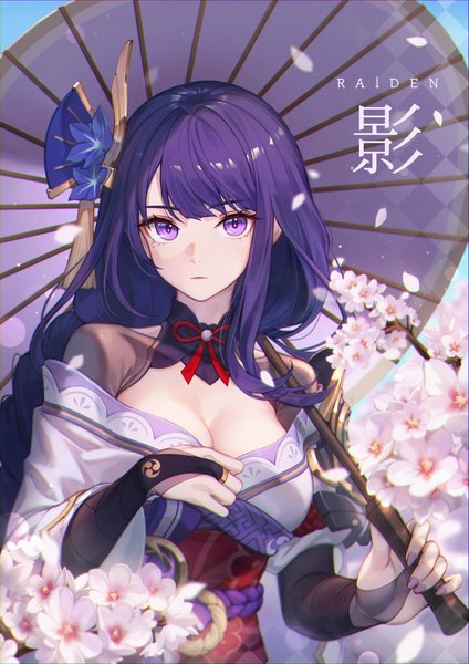 Anime picture 1767x2500 with genshin impact raiden shogun baek hyang single long hair tall image looking at viewer fringe highres breasts light erotic large breasts purple eyes holding cleavage purple hair upper body braid (braids) nail polish traditional clothes