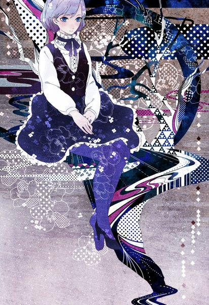 Anime picture 1000x1454 with original yamato (aoiaoiao921) single tall image short hair blue eyes sitting looking away purple hair full body single shoe girl blouse