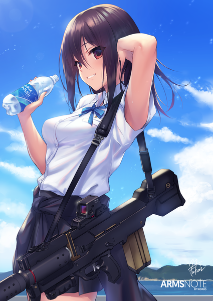 Anime picture 815x1150 with arms note bionic joshikousei (fukai ryousuke) fukai ryosuke single long hair tall image looking at viewer fringe breasts smile hair between eyes red eyes brown hair standing holding signed sky cloud (clouds) outdoors parted lips