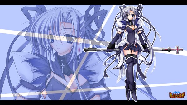 Anime picture 1600x900 with yu-ri (noteism) single long hair looking at viewer breasts blue eyes light erotic wide image twintails grey hair zoom layer girl thighhighs dress skirt ribbon (ribbons) black thighhighs hair ribbon miniskirt thigh boots