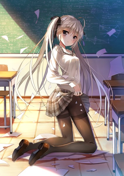 Anime picture 992x1403 with yosuga no sora kasugano sora jiji (381134808) single long hair tall image looking at viewer blush light erotic twintails brown eyes white hair skirt lift girl ribbon (ribbons) hair ribbon pantyhose black pantyhose paper