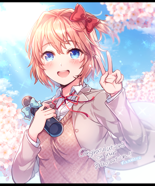 Anime-Bild 749x900 mit doki doki literature club sayori (doki doki literature club) aicedrop single tall image blush fringe short hair blue eyes hair between eyes sky upper body outdoors sunlight orange hair one side up text cherry blossoms victory letterboxed