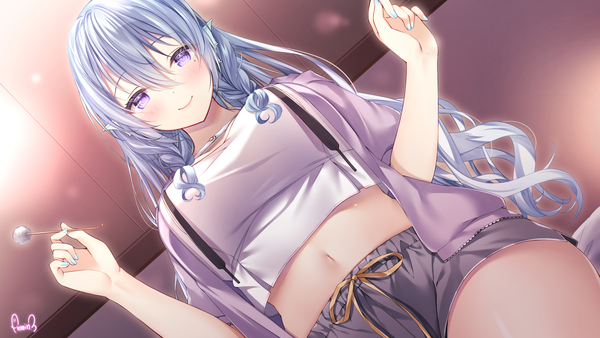 Anime-Bild 2133x1200 mit virtual youtuber light up iris lucen drop.b single long hair looking at viewer fringe highres breasts light erotic smile wide image standing purple eyes signed silver hair nail polish mole open jacket