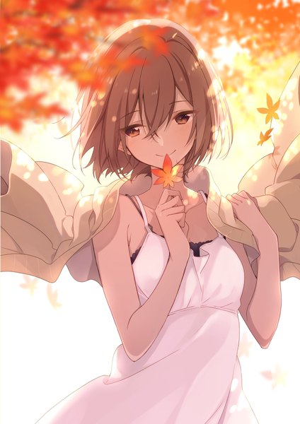 Anime picture 694x982 with original umiko (munemiu) single tall image fringe short hair smile hair between eyes brown hair brown eyes looking away upper body depth of field clothes on shoulders autumn girl dress white dress leaf (leaves) sundress