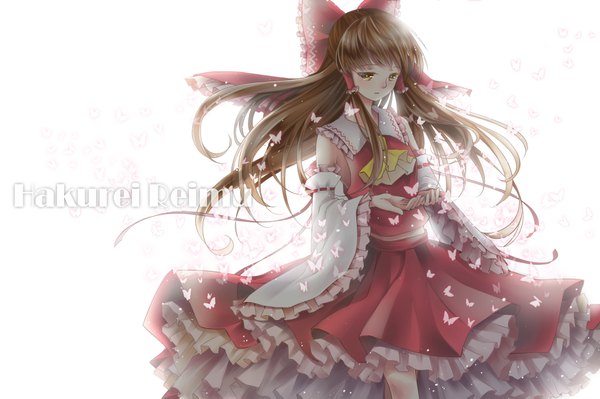 Anime picture 2000x1333 with touhou hakurei reimu ling (vivianling) single long hair highres brown hair white background brown eyes looking away traditional clothes miko girl skirt bow hair bow detached sleeves frills insect butterfly