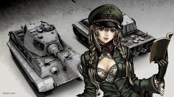 Anime picture 1900x1068 with world of tanks (game) tagme (artist) long hair looking at viewer highres breasts blue eyes brown hair wide image cleavage braid (braids) twin braids girl gloves uniform book (books) military uniform ground vehicle peaked cap tank