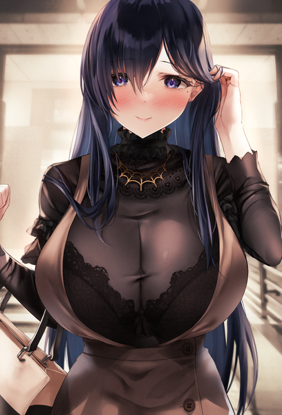 Anime picture 2418x3556 with alice gear aegis kagome misaki puru (ex-150) single long hair tall image looking at viewer blush fringe highres breasts blue eyes light erotic black hair smile hair between eyes standing long sleeves arm up mole