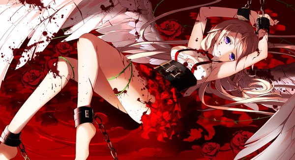 Anime picture 1500x817 with vocaloid ia (vocaloid) yuuki kira single looking at viewer blonde hair wide image purple eyes very long hair bare legs red background bondage girl dress flower (flowers) wings rose (roses) blood chain red rose