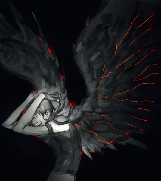Anime picture 1280x1435 with yowamushi pedal midousuji akira bwusagi single tall image short hair smile short sleeves leaning leaning forward black background monochrome dark background angel wings black wings clenched teeth crazy smile hands on head crazy boy