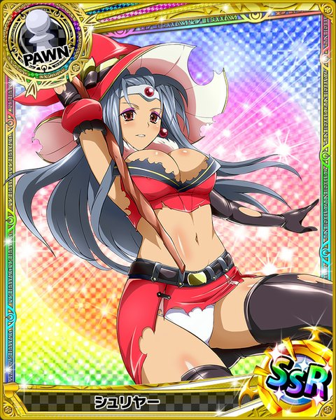 Anime picture 640x800 with highschool dxd single long hair tall image looking at viewer breasts light erotic red eyes cleavage grey hair torn clothes card (medium) witch girl thighhighs skirt gloves navel underwear panties