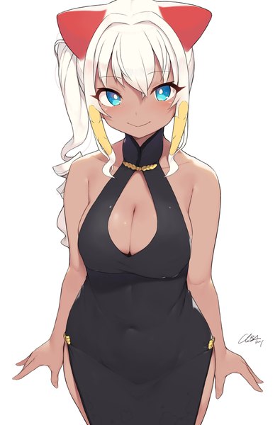Anime picture 2282x3465 with original cloba single long hair tall image looking at viewer fringe highres breasts blue eyes light erotic simple background smile large breasts white background bare shoulders signed animal ears payot cleavage