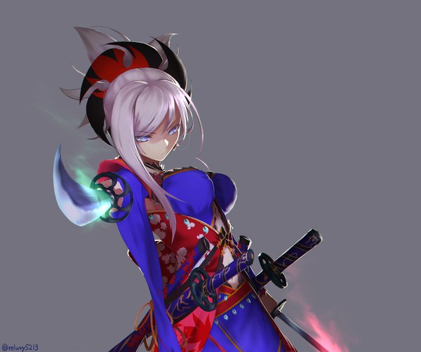 Anime picture 1440x1206 with fate (series) fate/grand order miyamoto musashi (fate) reluvy single looking at viewer short hair simple background purple eyes silver hair upper body ponytail grey background outstretched arm glowing fighting stance asymmetrical hair girl hair ornament weapon