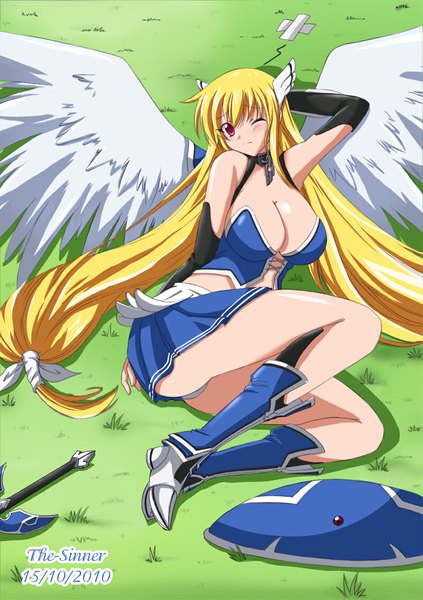 Anime picture 800x1134 with sora no otoshimono astraea the-sinner single tall image blush breasts light erotic blonde hair red eyes large breasts very long hair one eye closed wink angel wings angel girl skirt underwear panties
