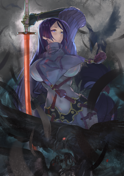 Anime picture 744x1052 with fate (series) fate/grand order minamoto no raikou (fate) ha2ru single tall image breasts blue eyes light erotic looking away purple hair very long hair arm up huge breasts covered navel glowing weapon girl weapon animal sword