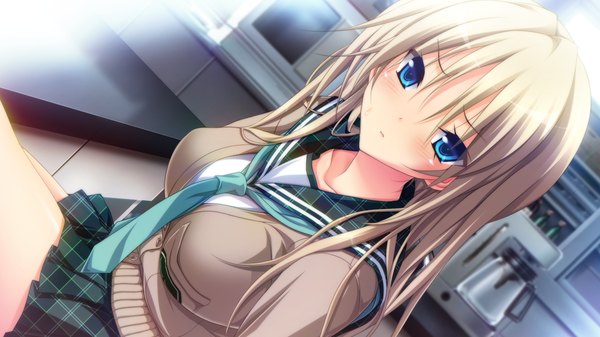 Anime picture 1280x720 with hapymaher purple software yayoi b lutwidge koku single long hair looking at viewer blush breasts blue eyes blonde hair wide image large breasts sitting game cg girl skirt uniform school uniform shirt