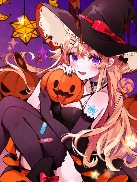 Anime picture 1880x2500 with original huion kuramiko single long hair tall image looking at viewer fringe highres breasts open mouth light erotic blonde hair smile purple eyes nail polish copyright name halloween black nail polish crescent