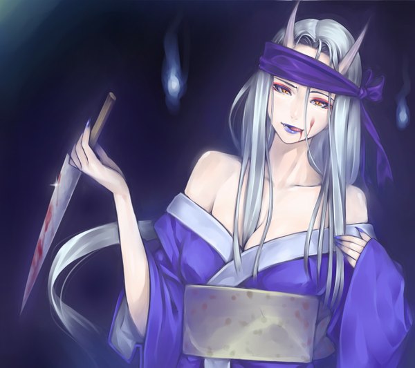Anime picture 1350x1200 with shikigami no shiro zasae bubuzuke single long hair looking at viewer breasts large breasts bare shoulders cleavage silver hair nail polish traditional clothes japanese clothes horn (horns) fingernails lips off shoulder wide sleeves teeth