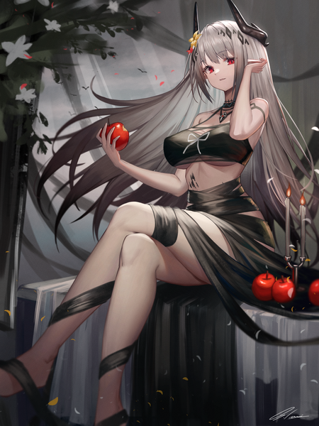 Anime picture 3000x4000 with arknights mudrock (arknights) mudrock (silent night) (arknights) ioriwu8 single long hair tall image looking at viewer fringe highres breasts open mouth light erotic red eyes large breasts sitting holding signed payot arm up