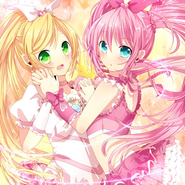 Anime picture 1500x1500 with precure suite precure toei animation houjou hibiki minamino kanade cure melody cure rhythm ao ringo (artist) long hair blush open mouth blue eyes blonde hair multiple girls green eyes pink hair holding hands girl bow 2 girls