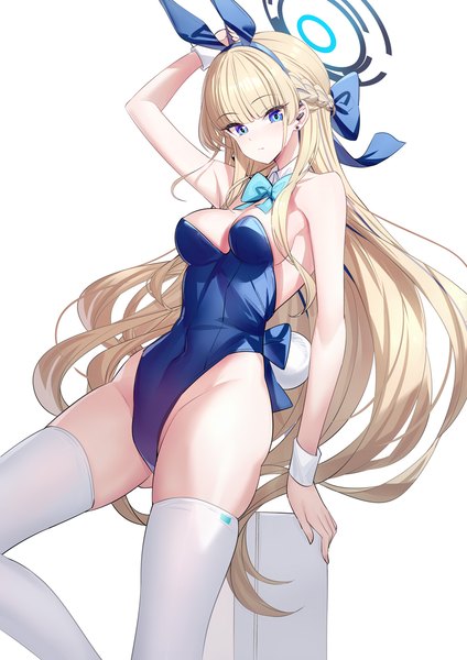 Anime picture 900x1273 with blue archive toki (blue archive) toki (bunny) (blue archive) ririko (zhuoyandesailaer) single long hair tall image looking at viewer fringe breasts blue eyes light erotic simple background blonde hair standing white background animal ears ass tail blunt bangs