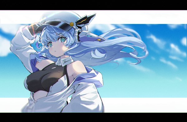 Anime picture 1920x1250 with artery gear: fusion nio silen youmu (tomgoku2) single long hair looking at viewer fringe highres breasts light erotic blue hair sky cloud (clouds) parted lips arm up aqua eyes wind off shoulder letterboxed outside border