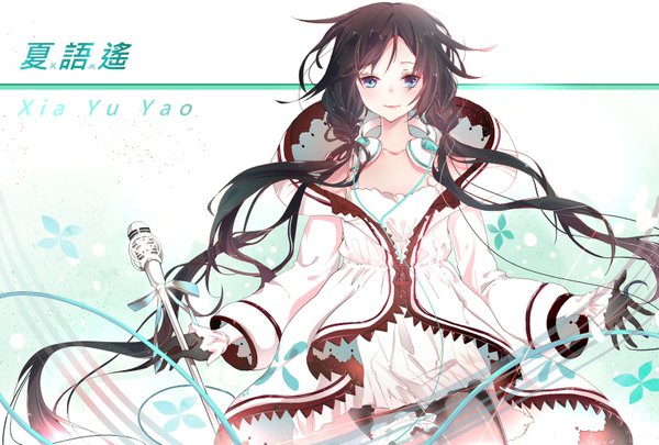 Anime picture 1748x1181 with utau xia yu yao snail (artist) single long hair looking at viewer blush highres blue eyes black hair smile twintails holding braid (braids) character names twin braids spread arms headphones around neck girl gloves