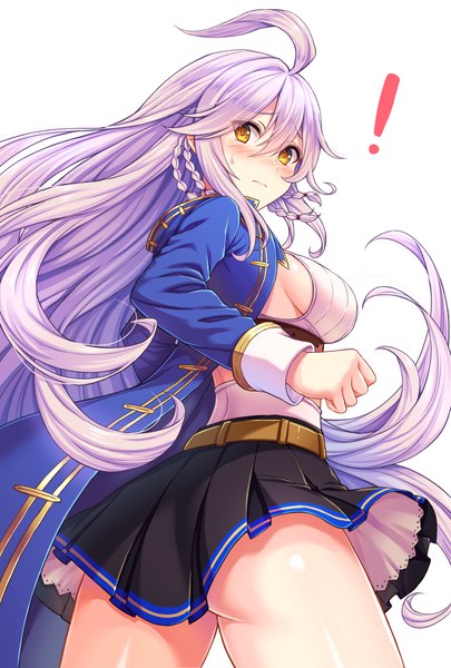 Anime picture 1378x2039 with granblue fantasy silva (granblue fantasy) tomo (tmtm mf mf) single long hair tall image looking at viewer blush fringe breasts light erotic simple background hair between eyes white background yellow eyes purple hair ahoge ass braid (braids) pleated skirt