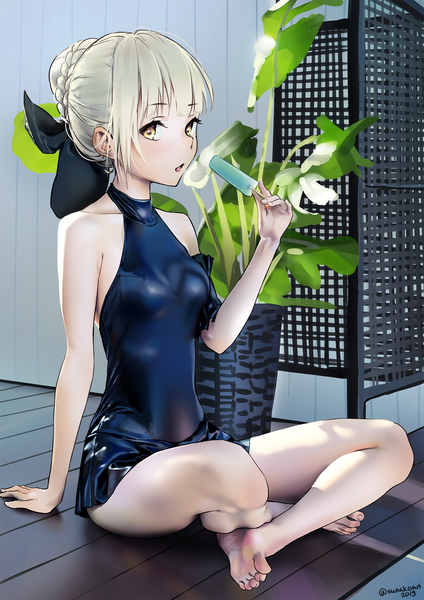 Anime picture 1290x1824 with fate (series) fate/grand order artoria pendragon (all) saber alter sunako (veera) single tall image looking at viewer fringe short hair light erotic blonde hair sitting bare shoulders holding signed yellow eyes bent knee (knees) braid (braids) barefoot
