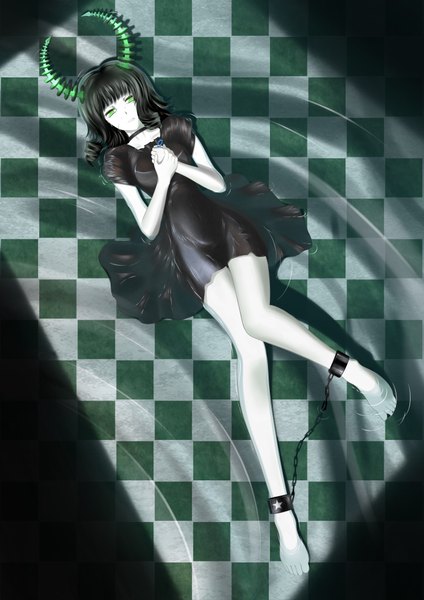 Anime picture 2893x4092 with black rock shooter dead master brianchan.t.w single long hair tall image highres black hair green eyes barefoot horn (horns) from above tears partially submerged drill hair checkered floor floor girl dress water