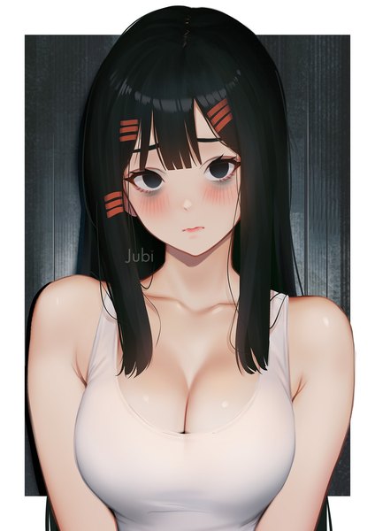 Anime picture 1448x2048 with original alyssa (jubi) jubi (regiana) single long hair tall image looking at viewer breasts light erotic black hair large breasts signed cleavage black eyes girl bobby pin tank top