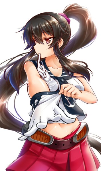 Anime-Bild 591x1000 mit kantai collection yahagi light cruiser okitakung single tall image black hair simple background white background ponytail very long hair pink eyes girl skirt navel belt single glove