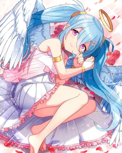 Anime picture 800x1000 with original ensemble girls (artist) single long hair tall image purple eyes twintails blue hair light smile bare legs angel wings angel girl dress flower (flowers) petals wings halo
