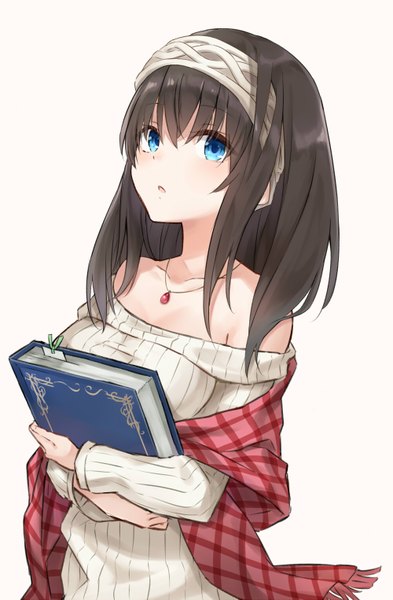 Anime picture 1000x1525 with idolmaster idolmaster cinderella girls sagisawa fumika azuuru single long hair tall image looking at viewer blush fringe breasts open mouth blue eyes black hair simple background hair between eyes white background bare shoulders holding upper body