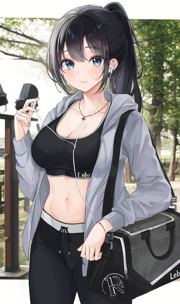 Anime picture 2804x4736 with original lebring single long hair tall image looking at viewer blush fringe highres breasts blue eyes black hair large breasts standing holding payot cleavage outdoors ponytail long sleeves