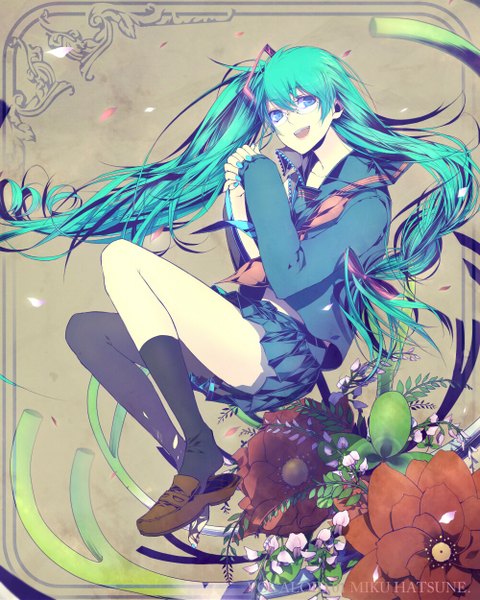 Anime picture 1000x1250 with vocaloid hatsune miku nai kitsu (artist) single tall image open mouth twintails very long hair nail polish aqua eyes aqua hair legs girl skirt flower (flowers) petals socks serafuku boots black socks